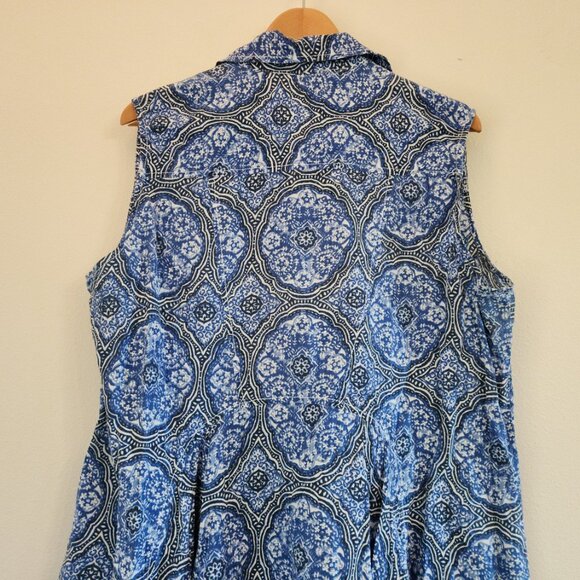 Caffe Marrakesh Blue/White Paisley Sleeveless Tunic Button Tank Top Women L Chic - Picture 7 of 14